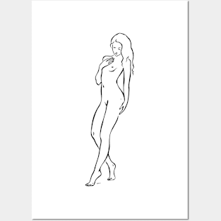 Nude woman line art. Мinimalist drawing of a naked girl Posters and Art